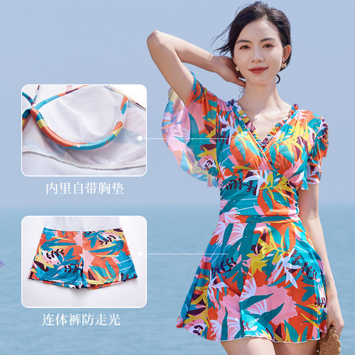 V-neck high waist slimming belly-covering one-piece swimsuit women's sexy hot spring swimwear beach cool swim skirt mesh suit