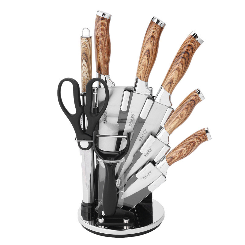 Asiento giratorio doble galvanoplastia, mango de punto de pulverización, juego de combinación de acero inoxidable, cuchillo de chef, herramientas de cocina para el hogar, stock al por mayor