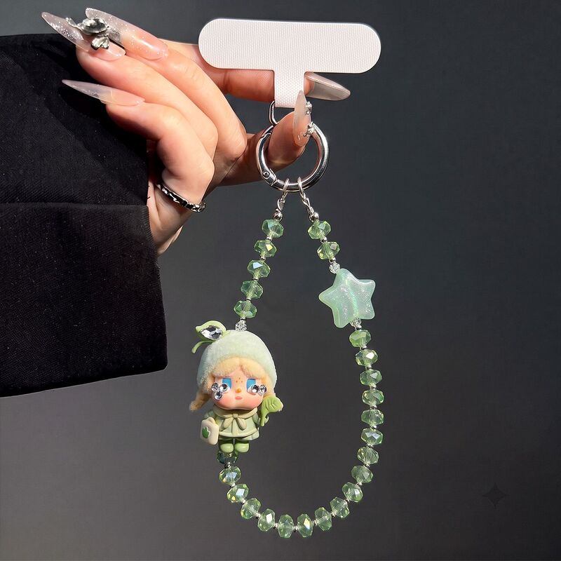 Cartoon figure green crystal bead phone chain star pendant hand strap anti-lost short lanyard bag key accessory Cartoon figure green crystal bead phone chain star pendant hand strap anti-lost short lanyard bag key accessory