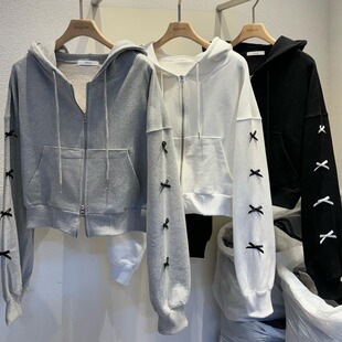 Autumn and Winter New South Korea Handmade Bow Loose Trap Sweatshirt Zipper Short Coat Solid Color Casual Japanese Style