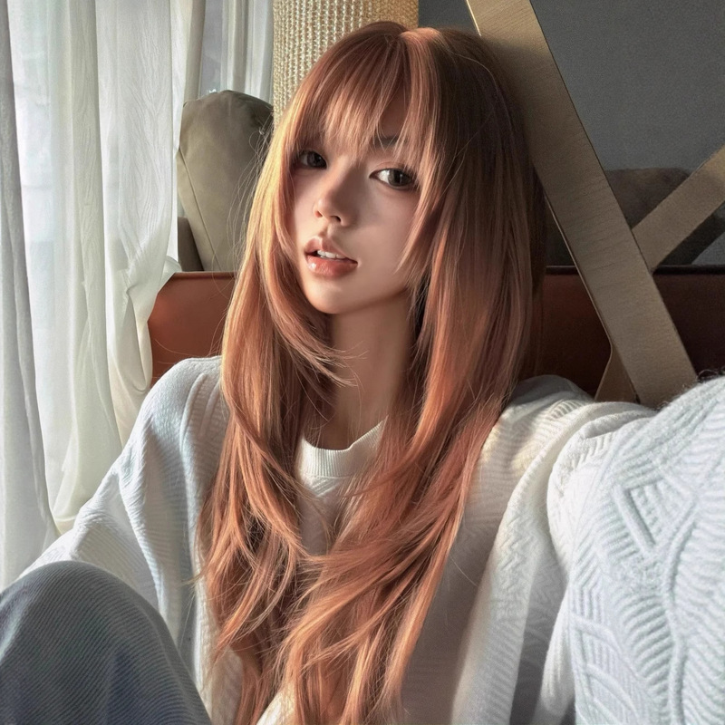 Wig for Women with Bangs, Layered Long Straight Hair, Orange-Brown, Face-Modifying, Atmospheric, Artificial Hair, Natural Full Headgear