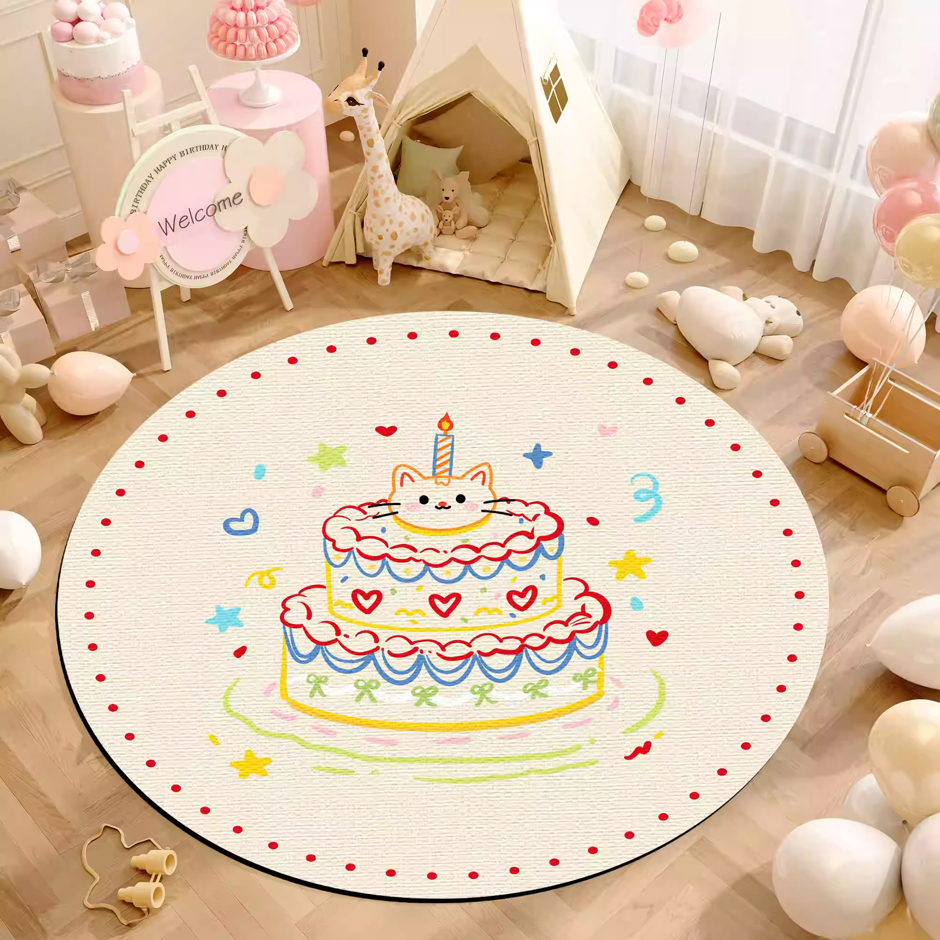 만화 크림 스타일 리넨 바닥 매트 아기 생일 한 살짜리 카펫 라운드 침실 침대 옆 담요 발 매트