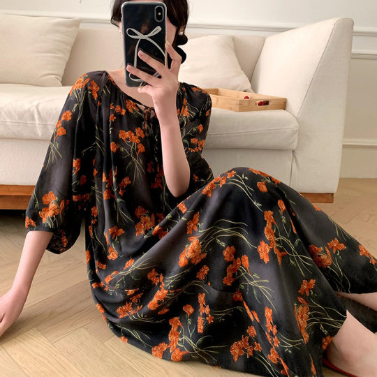 2025 New Style Cotton Silk Nightgown Women's High-Level Printed Short-Sleeved Long Dress plus size Thin Outer-Wearing Home Clothes