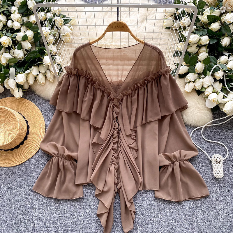Summer Elegant Lazy Style Socialite Ruffled Trim Flared Sleeve Chiffon Blouse Loose Shirt Women's Clothing Tops_ecoleips.com