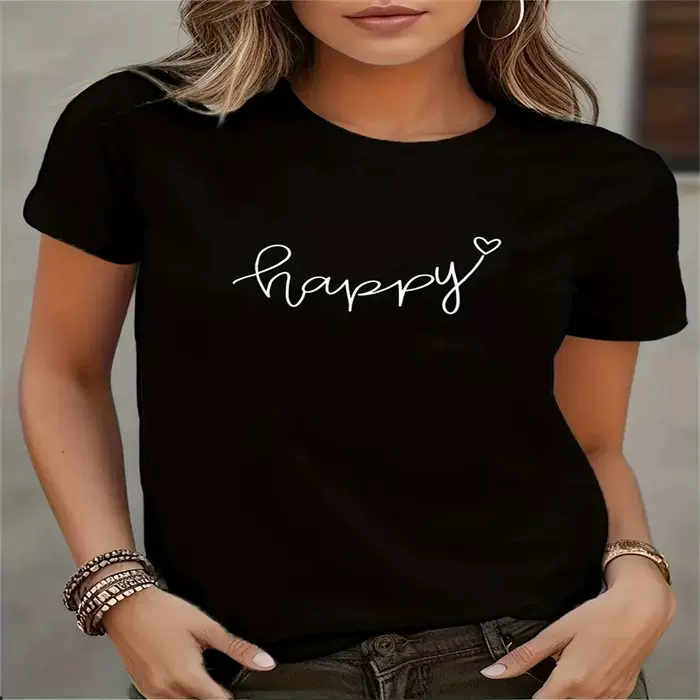 跨境现货女士夏季T恤印花时尚休闲可爱短袖女式圆领印花短袖 T 恤