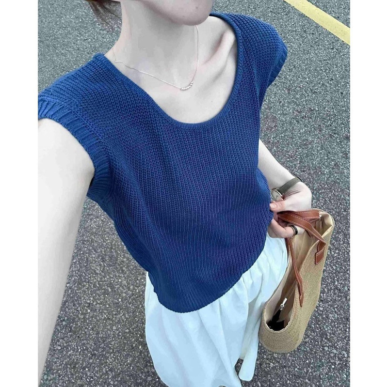 Blue Sleeveless T-shirt Women's Summer 2025 New Korean-style All-match U-collar Loose Elegant Soft Waxy Sweater Top
