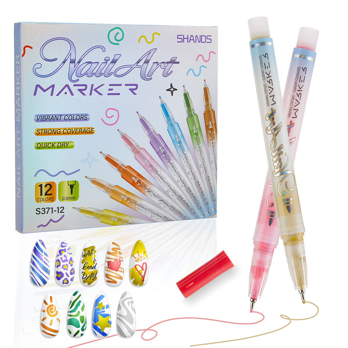 Popular 12-Color Nail Art Marker Pens, Creative Painting and Outlining Water-Based Acrylic Ink Quick-Dry Graffiti Pens