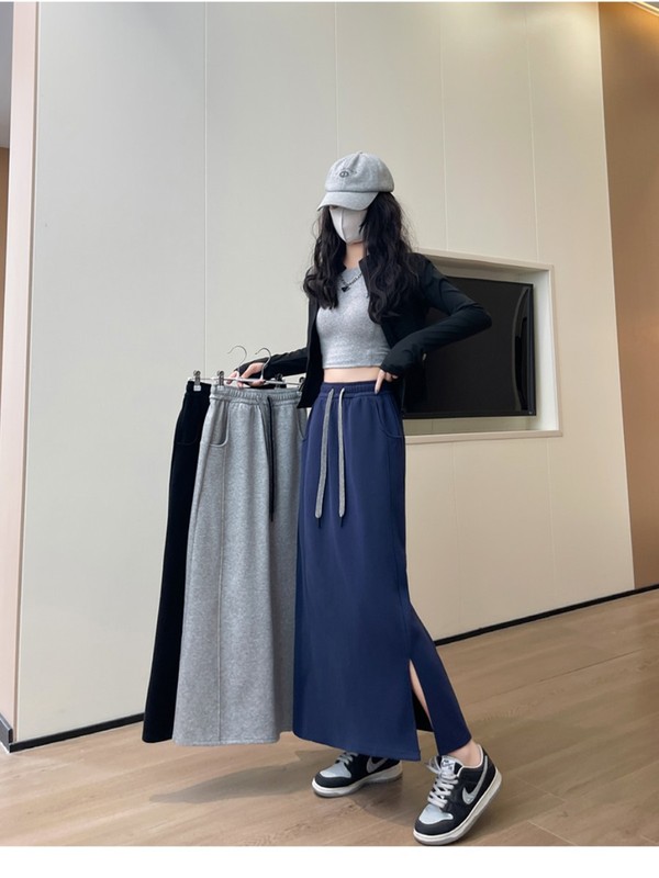 灰色卫衣半身裙女春秋季新款高级感包臀一步裙直筒A字开叉长裙子|undefined