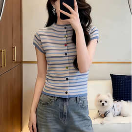 撞色条纹短袖T恤女2026新款夏季大码胖mm修身显瘦气质针织衫上衣