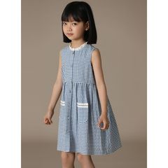 Children's Summer New Check Cotton Soft Skin Girls' Round Neck Ruffled Design Sleeveless Dress Trendy