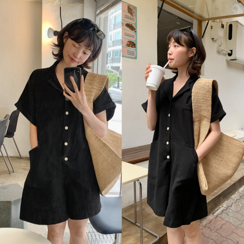 Korean-style Retro Casual Overalls One-piece Shorts Women's Laid-back Loose Laps Single-breasted Pocket Short-sleeved Wide-leg Pants Korean-style Retro Casual Overalls One-piece Shorts Women's Laid-back Loose Laps Single-breasted Pocket Short-sleeved Wide-leg Pants
