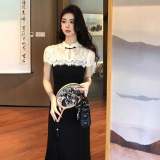 新中式国风蕾丝拼接黑色旗袍连衣裙超好看独特漂亮夏日绝美小裙子
