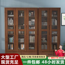 北欧实木简约现代自由组合实木书柜书房带玻璃门带抽屉书橱置物柜