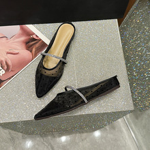 W-1新款透气网面水钻包头拖鞋厚底内增高一字带尖头坡跟羊皮凉拖