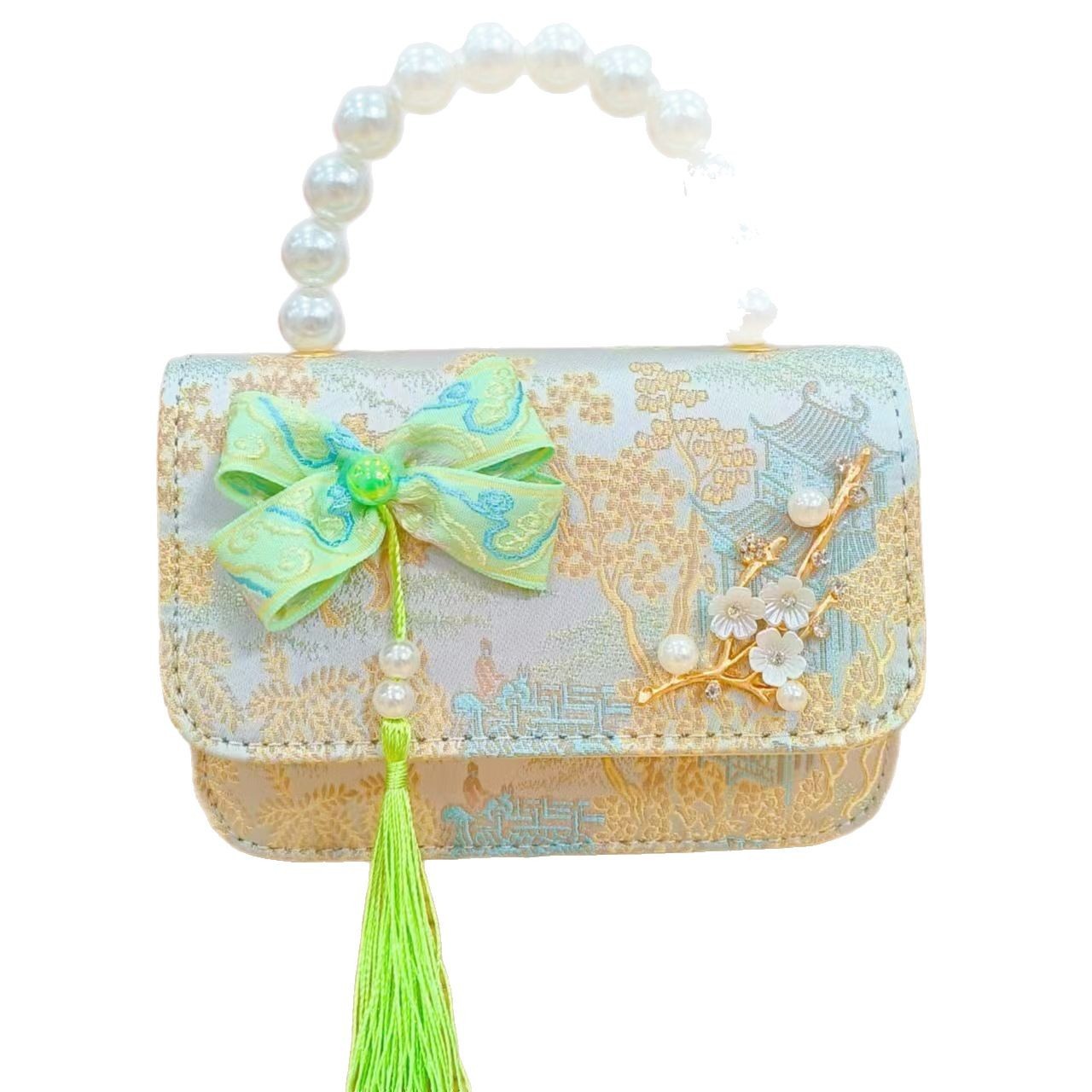 Bolsas de niños arco de estilo chino borda de niña pequeña princesa perla bolsa de cambio de mano al por mayor