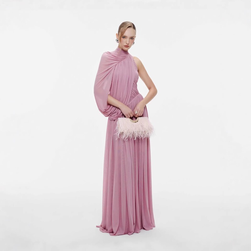 Draped Mesh Waist-Cinching Halter Neck One-Shoulder Long Dress for Women, Elegant Evening Gown for Formal Occasions Draped Mesh Waist-Cinching Halter Neck One-Shoulder Long Dress for Women, Elegant Evening Gown for Formal Occasions