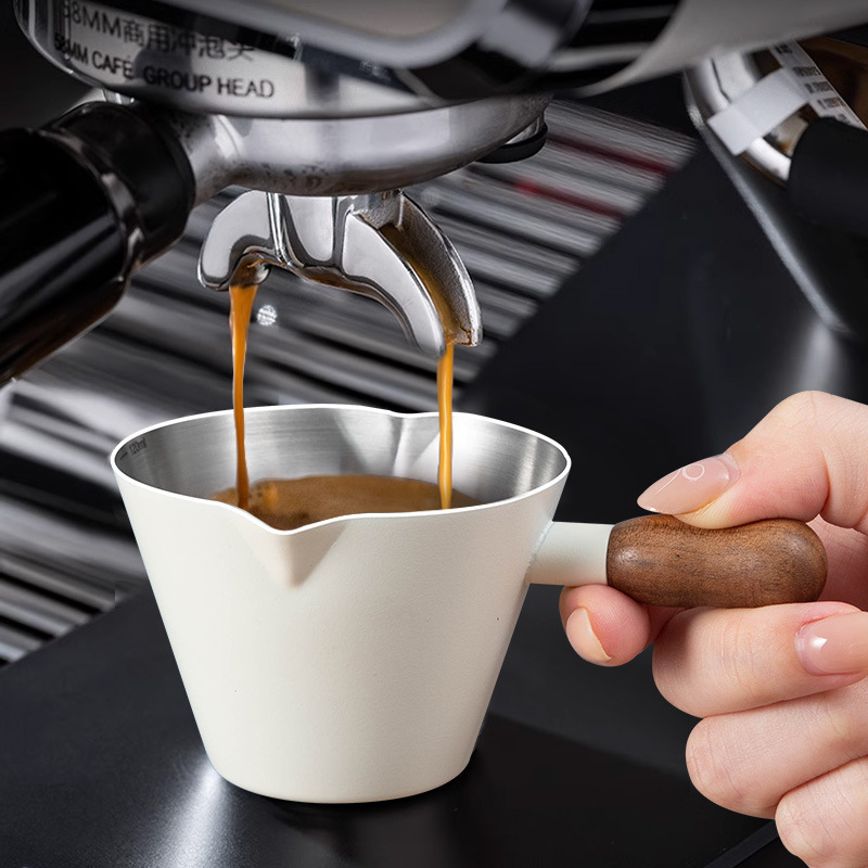 Walnut Handle Espresso Measuring Cup Stainless Steel with Handle and Scale Extraction Cup Small Milk Cup Walnut Handle Espresso Measuring Cup Stainless Steel with Handle and Scale Extraction Cup Small Milk Cup