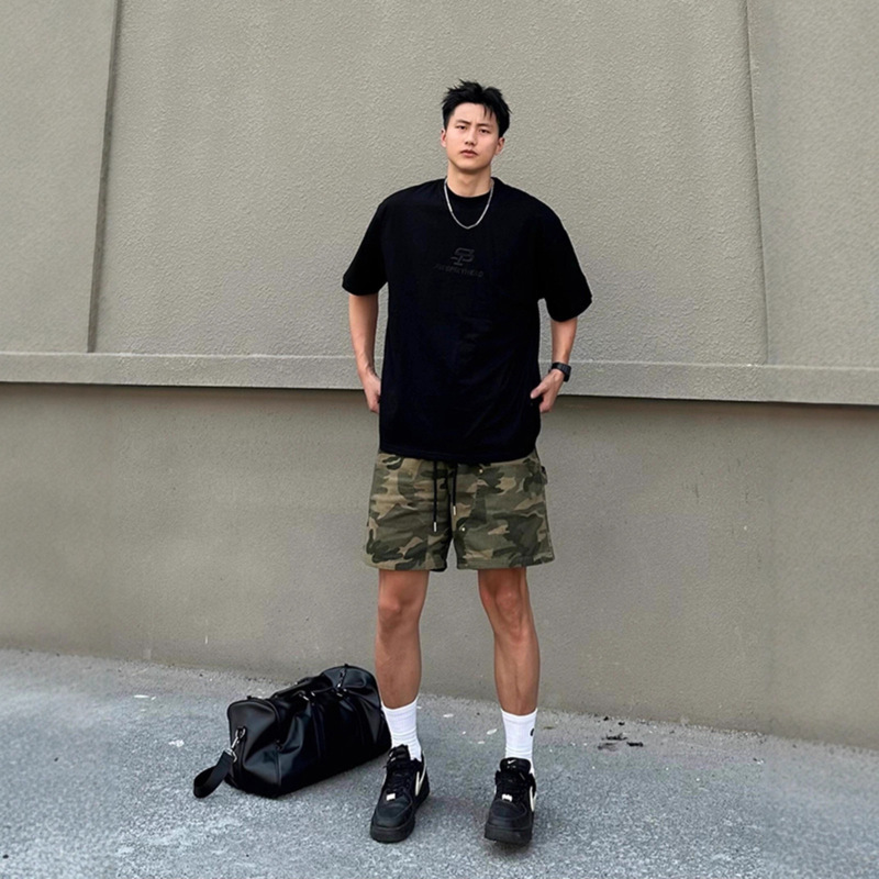 American-Style Lumberjack Camouflage Shorts for Men, Summer Rivet Design Sports Pants, Trendy Loose Cargo Mid-Length Shorts