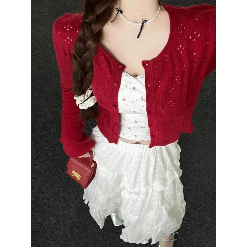Red Hollow Short Cardigan Women's 2025 Autumn and Winter Thin Jacket Long Sleeve Knitted Top Red Hollow Short Cardigan Women's 2025 Autumn and Winter Thin Jacket Long Sleeve Knitted Top