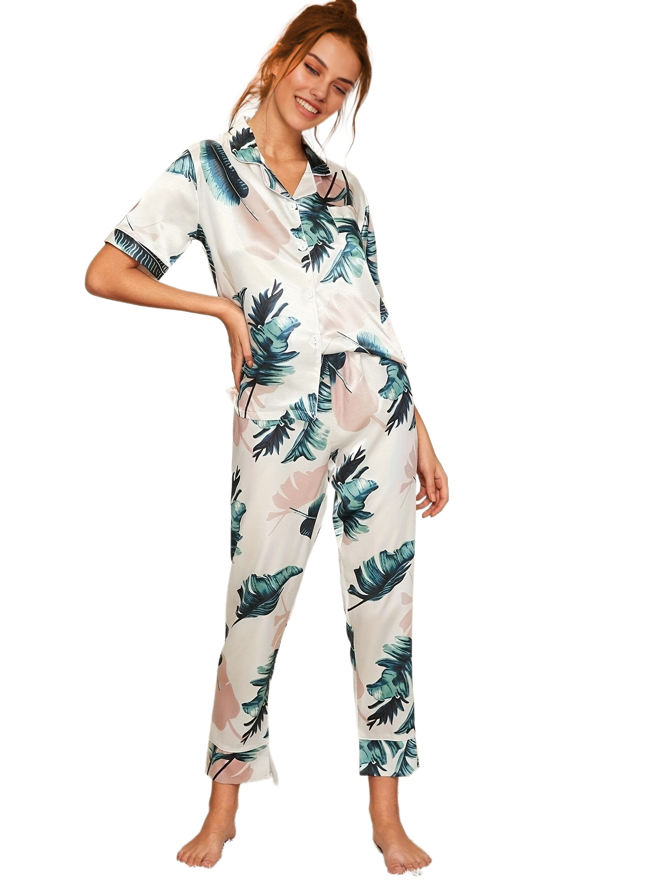 Women's Casual Leaves Flower Imitated Silk Polyester Pants Sets display picture 2