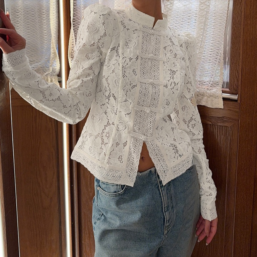 Women's Clothing Women's Slim Fit Lace Crochet Stand Collar Shirt Spring Summer Fashionable Elegant Commuting Top Style_ecoleips.com
