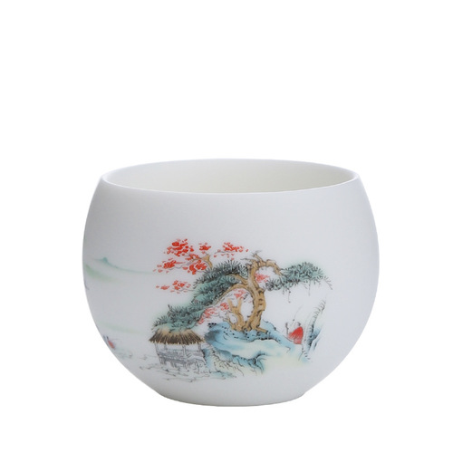 Hand-painted Landscape Tea Bowl, High-end Single White Porcelain, Dehua Plain Glaze, Lamplight Jade Tea Bowl with Lotus Flower, Luxury Host Cup