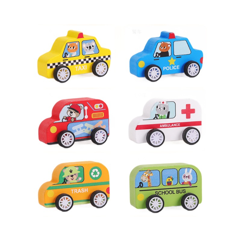 La linda y divertida serie de autos de retorno para niños es rica en color, la diversión de la tracción trasera se duplica, juguetes educativos de madera para la educación temprana