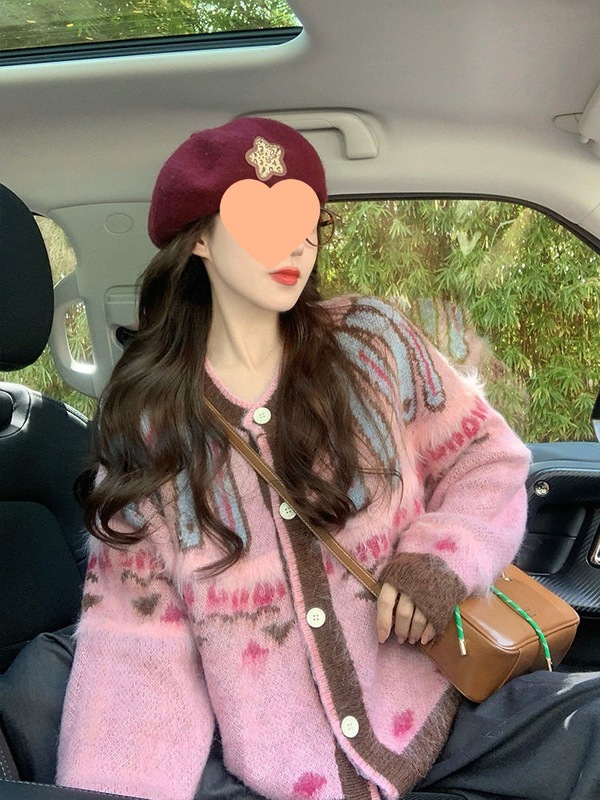 粉色费尔岛提花毛衣外套女秋冬厚2025新款慵懒温柔风复古针织开衫|undefined