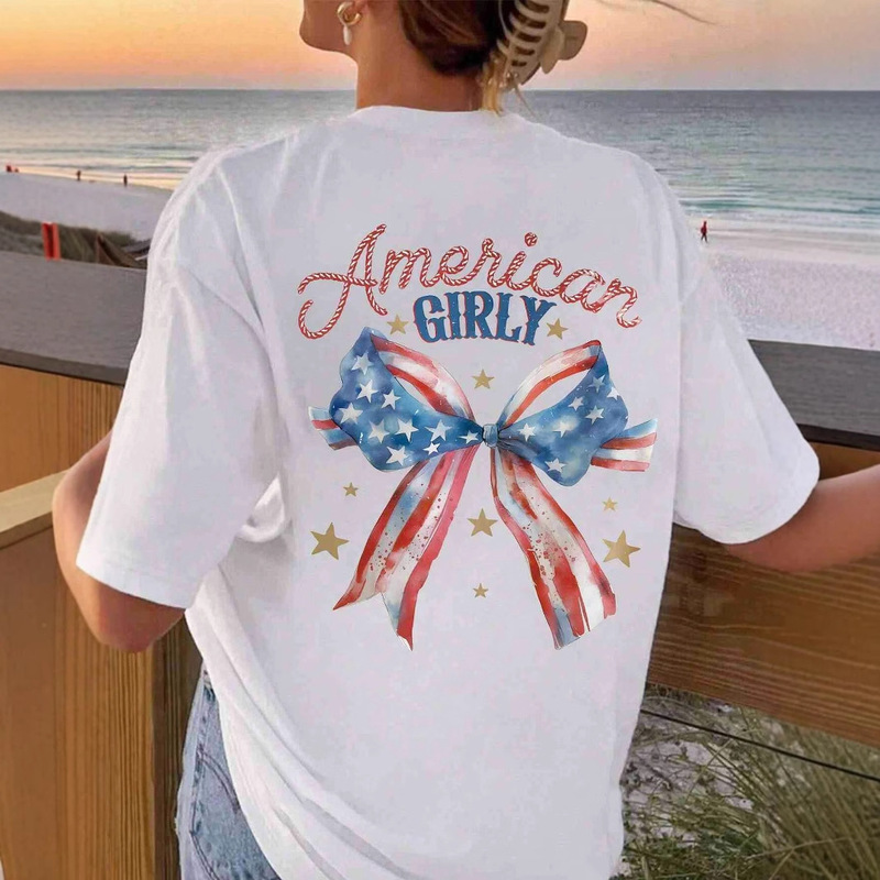 Cross-Border European and American Summer Hot-Selling Trendy American-Style Bow Print T-Shirt, Fashionable Loose Casual Women's Top