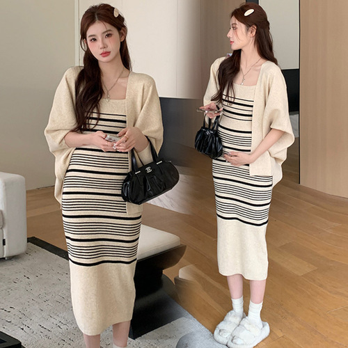 P photo shoot autumn gentle breeze knit cardigan striped camisole dress loose casual maternity set of two