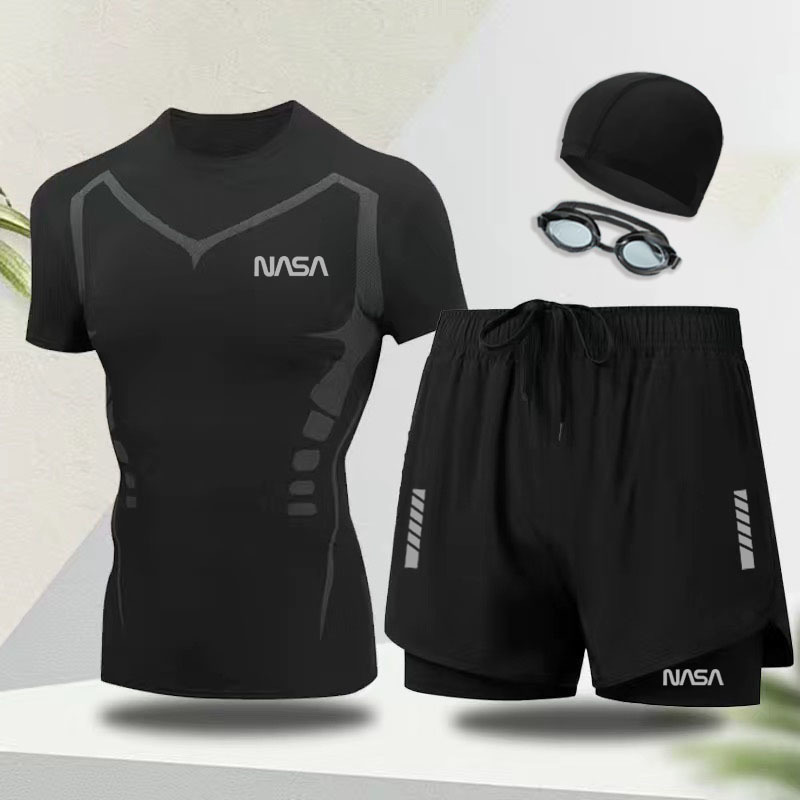 수영복 남성용 전신 수영복, 수영모, 수영 고글, 3종 세트, 속건성, 당황 방지, 노출 방지, 온천 비치 팬츠