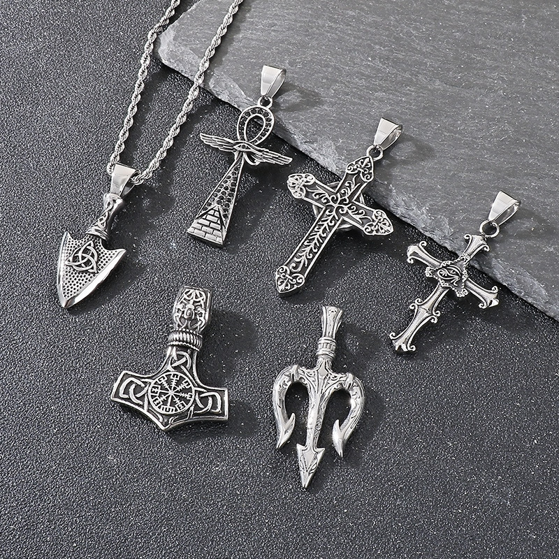 Nordic Mythology Black Diamond Eye of Horus Cross Necklace Vintage Viking Sea King Trident Titanium Steel Pendant Male