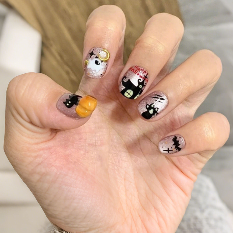 Wearable Short Nails Halloween Cat Eye Pumpkin 3D Glue Nails Wearable Nails Cat Spider Nail Patches