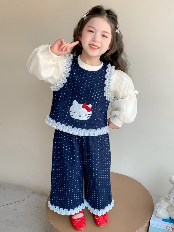 女童波点花边三件套春秋款2025新款洋气女宝宝秋季卡通马甲上衣潮|undefined