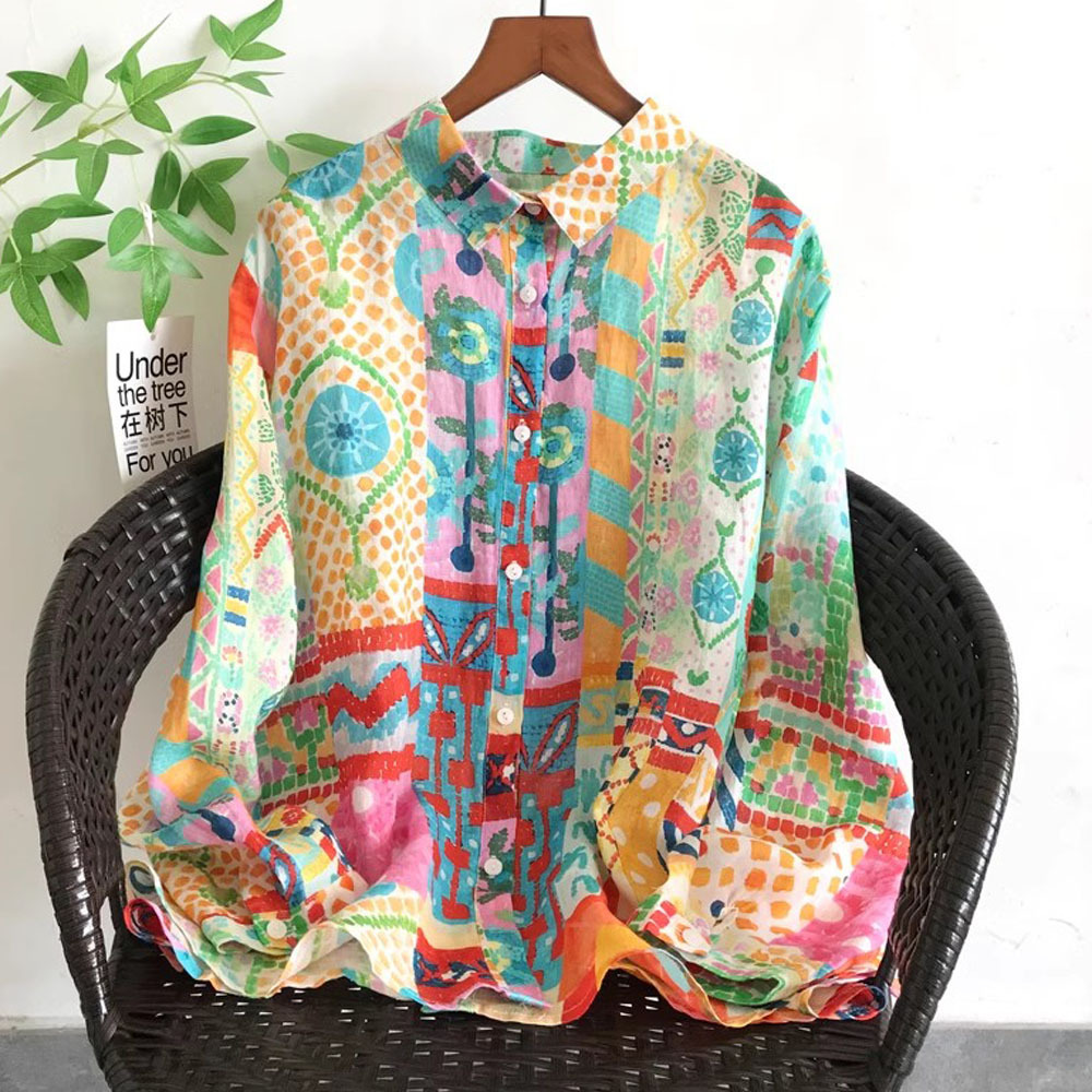 森女文艺印花翻领苎麻长袖衬衫女宽松2025春秋新款上衣打底衫衬衣