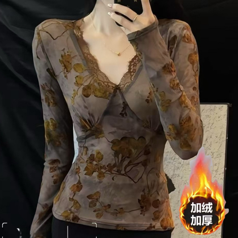 Light and Mature Style Sexy Long-Sleeved Slim-Fitting Bottoming Shirt Autumn and Winter New Style Lace Fashionable Versatile Velvet Top for Women Light and Mature Style Sexy Long-Sleeved Slim-Fitting Bottoming Shirt Autumn and Winter New Style Lace Fashionable Versatile Velvet Top for Women