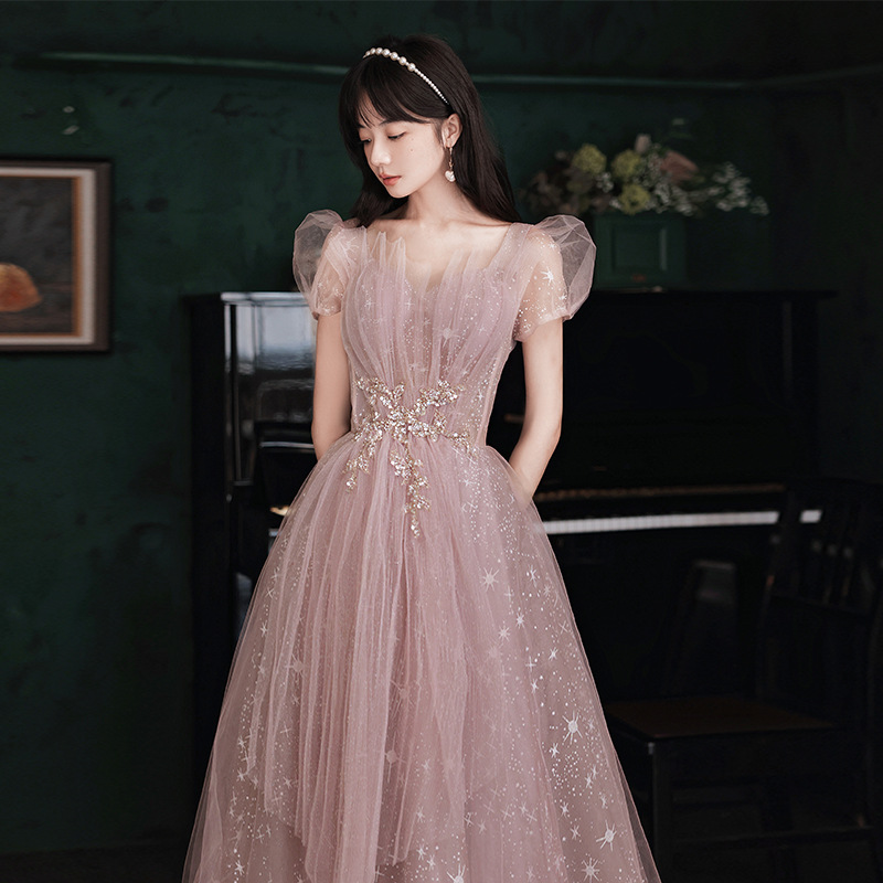 Vestido de noche con mangas abullonadas para mujer, nuevo estilo 2026, elegante, estilo bosque de hadas rosa, para fiesta, banquete, presentación.
