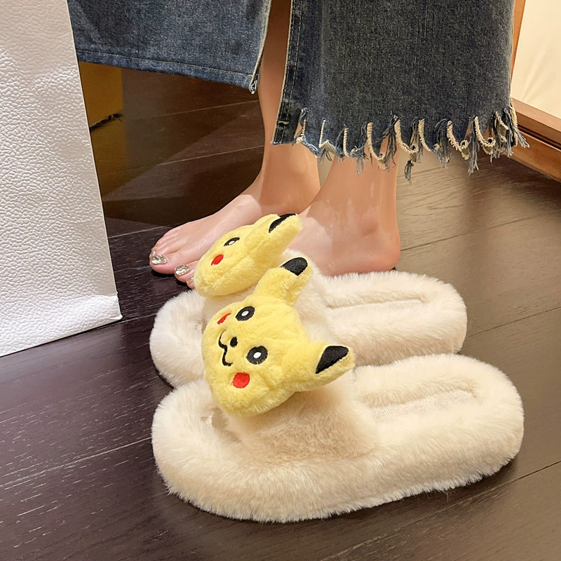 Мультяшный милый волосатый женский тапочки 2024 осень-зима новый толстый фон внутри плюс бархатная повседневная модная обувь для домашнего использования