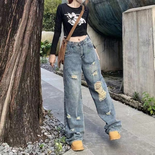 Women's Summer High-Waist Slim-Fit Straight Leg Wide Leg Jeans with Rips