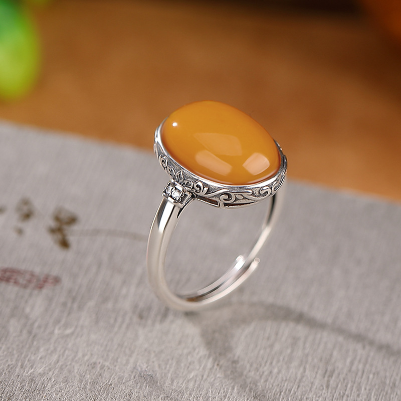 Nhẫn mặt trứng hoa văn sáp ong bạc nguyên chất S925 hình hươu — Mở (một kích thước)