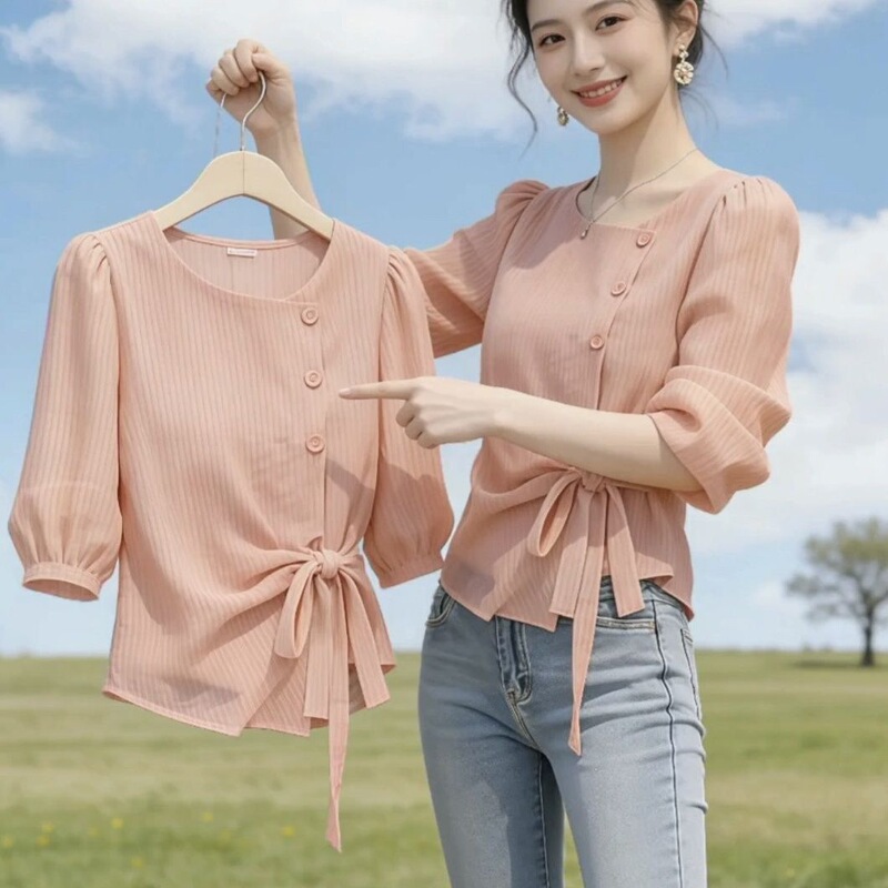 Irregular Tie-Striped Shirt for Women, 2026 Autumn New Fashion Blouse with a High-End and Stylish Look, Super Attractive Top