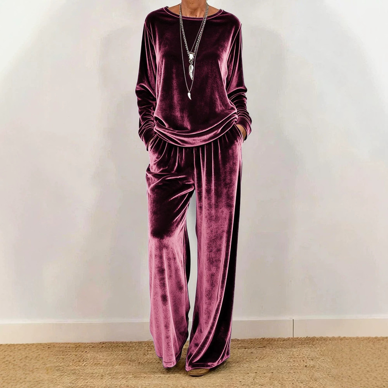 2026 Cross-Border Women's Fashion New Style Casual Round Neck Pullover Long Sleeve Fashion Velvet Wide-Leg Pants Set 2026 Cross-Border Women's Fashion New Style Casual Round Neck Pullover Long Sleeve Fashion Velvet Wide-Leg Pants Set
