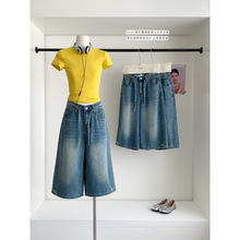 塞纳垮垮少女七分牛仔裤宽松阔腿直筒中裤2025夏季新款