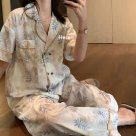 夏季新款冰丝睡衣女短袖长裤套装家居服高级感印花开衫轻奢风
