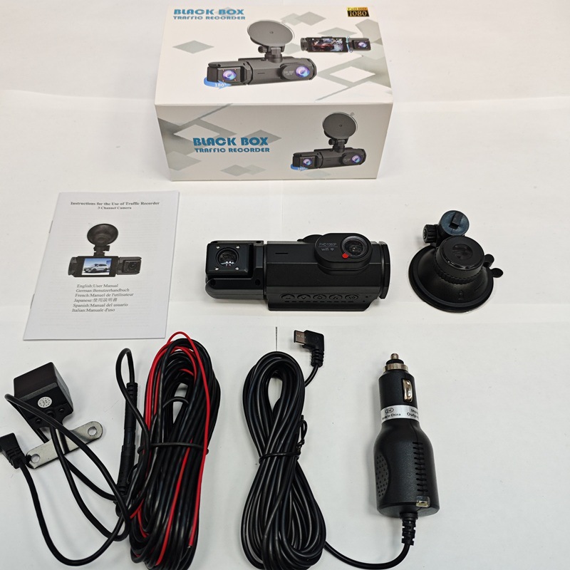 Cross-Border Hot-Selling Model: 3-Camera Simultaneous Display Dashcam with High-Definition Wifi and Mobile Phone Connectivity, Parking Monitoring Recorder