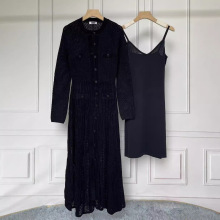 SD24钩花镂空圆领摇粒绒长袖长款收腰针织鱼尾裙连衣裙立体图案