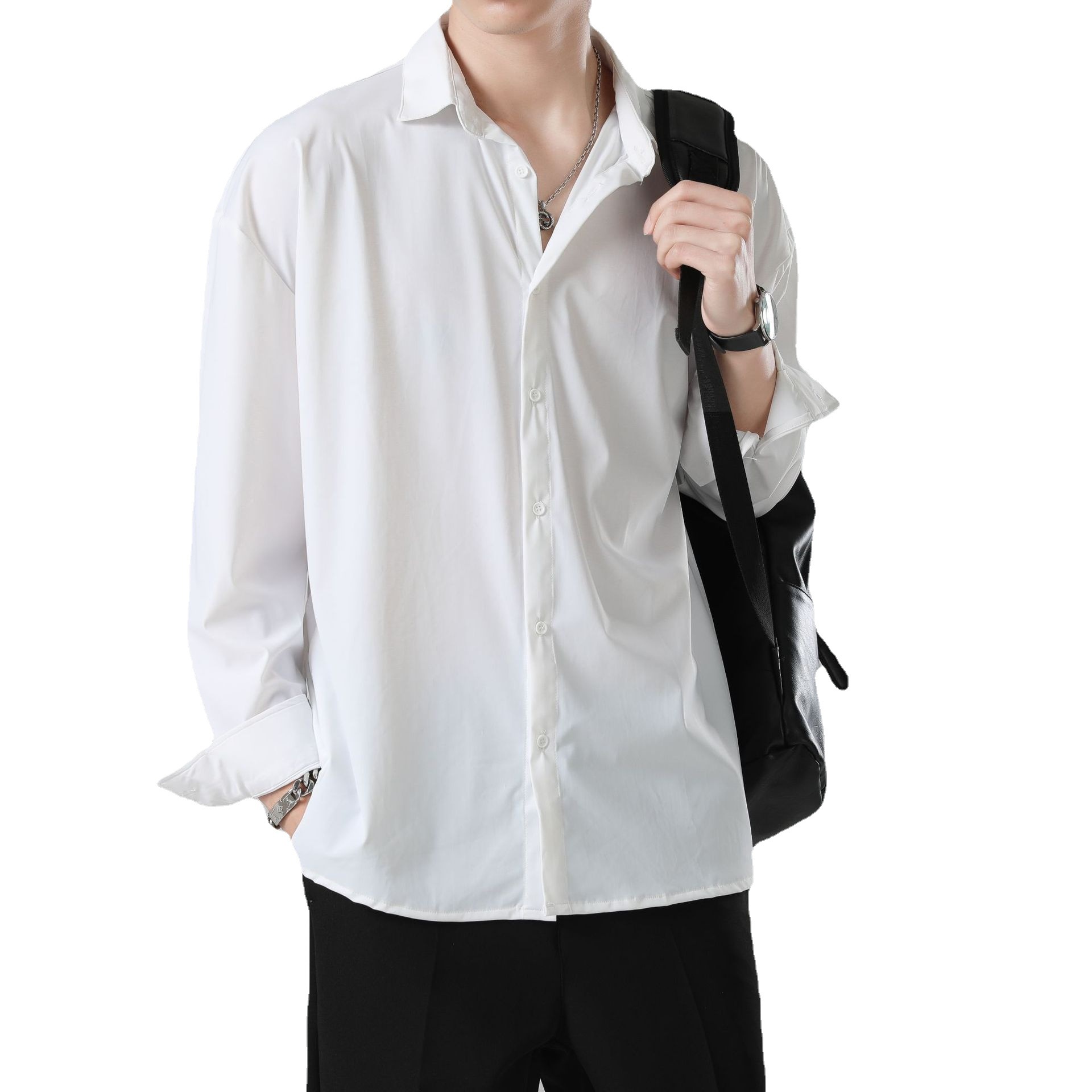 Camisa casual de manga larga para hombre ins camisa suelta de alto grado para hombre Ruan guapo drapeado color sólido más tamaño-pulgadas camisa para hombre