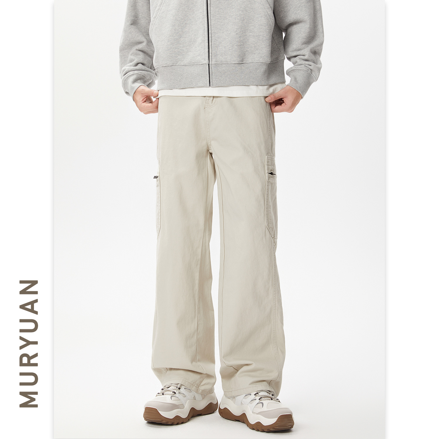 Mu Yuan Men's Fashion Brand Simple High Street Wide Leg Casual Pants Men's Straight All-match Loose Zipper Pocket Overalls