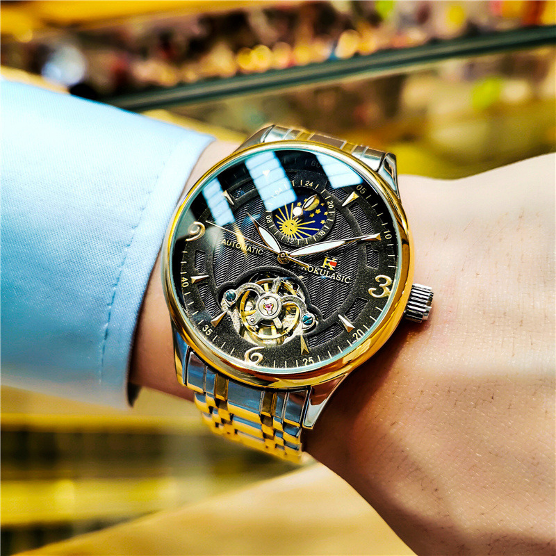 AOKULASIC hueco-hacia fuera transparente inferior luminoso Tourbillon reloj mecánico automático moda reloj de los hombres de moda 1922
