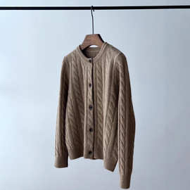 美拉德复古100%羊毛麻花针织开衫女 绞花高笈感冬厚休闲毛衣外套